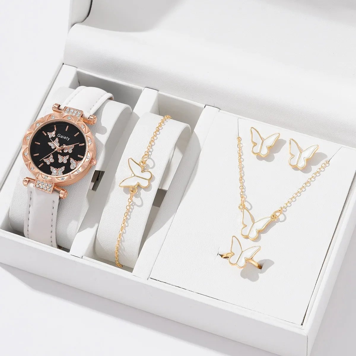 Women Watch Ring Necklace Earrings Bracelet Set Watches Butterfly Leather Strap Ladies Quartz WristWatch (No Box) Women Watch Ring Necklace Earrings Bracelet Set Watches Butterfly Leather Strap Ladies Quartz WristWatch (No Box)
