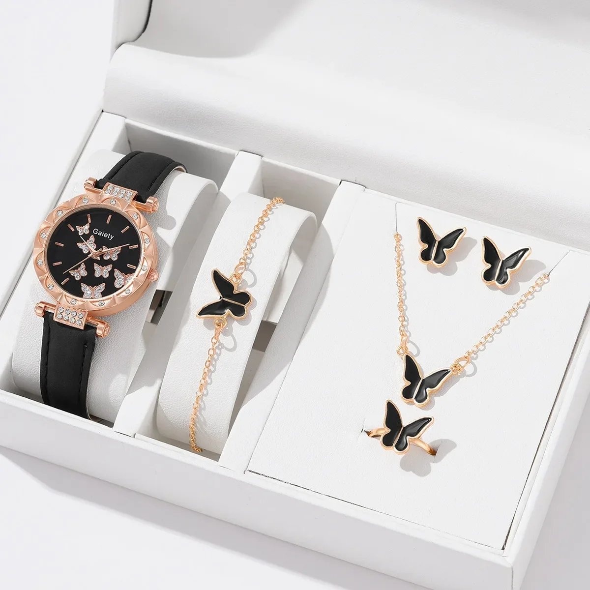 Women Watch Ring Necklace Earrings Bracelet Set Watches Butterfly Leather Strap Ladies Quartz WristWatch (No Box) Women Watch Ring Necklace Earrings Bracelet Set Watches Butterfly Leather Strap Ladies Quartz WristWatch (No Box)