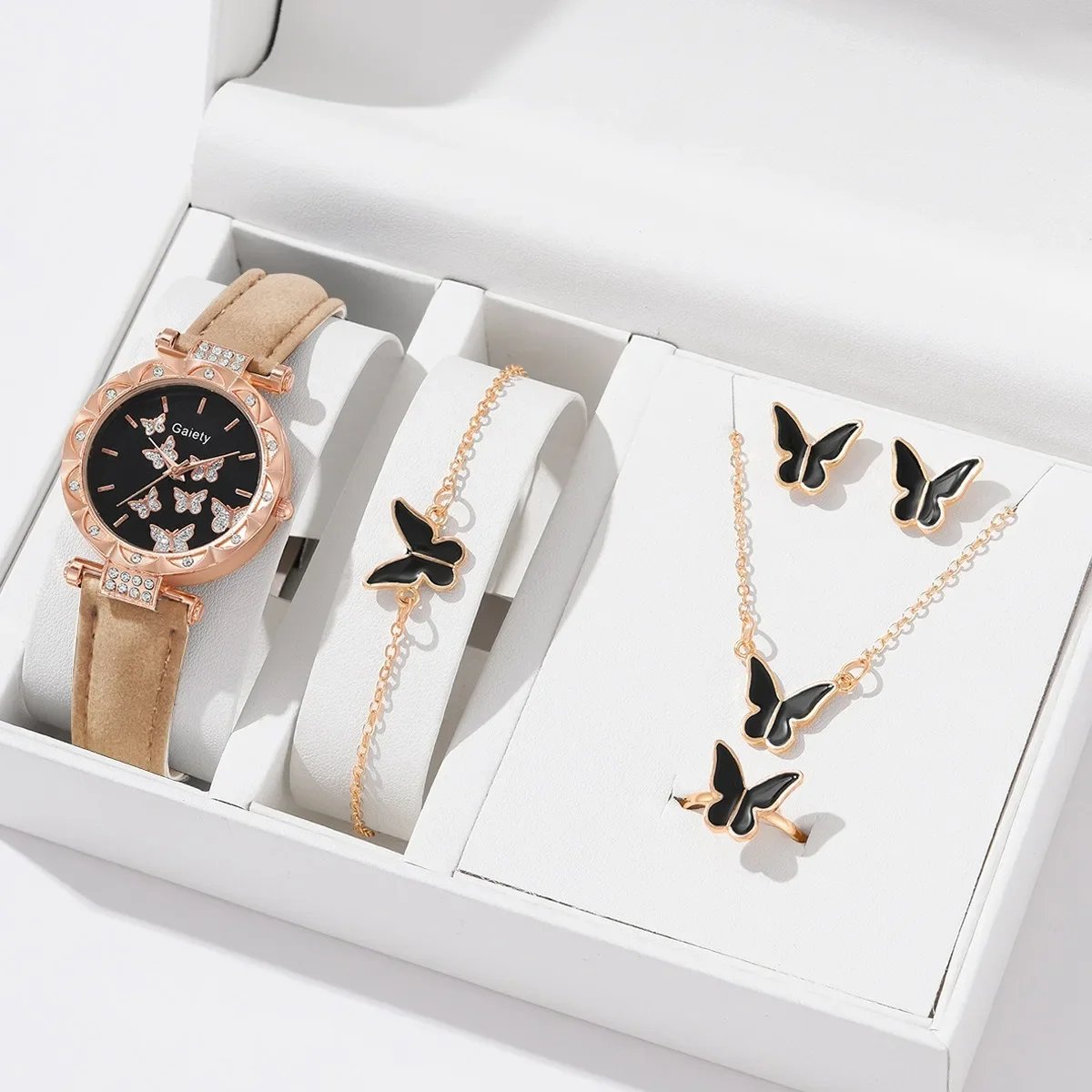Women Watch Ring Necklace Earrings Bracelet Set Watches Butterfly Leather Strap Ladies Quartz WristWatch (No Box) Women Watch Ring Necklace Earrings Bracelet Set Watches Butterfly Leather Strap Ladies Quartz WristWatch (No Box)