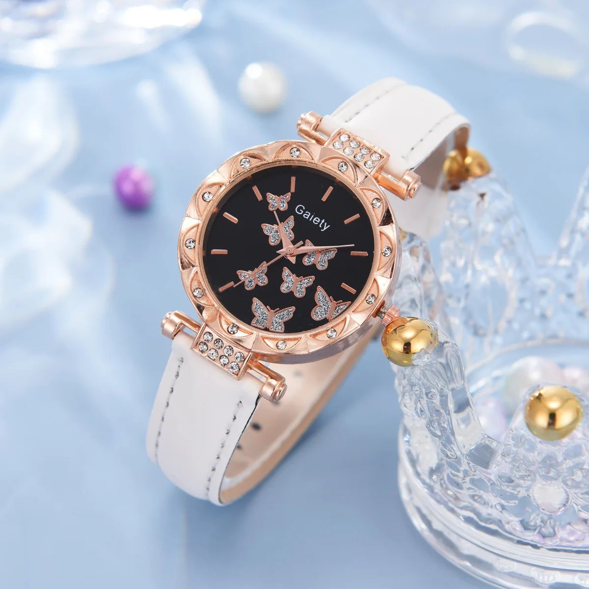 Women Watch Ring Necklace Earrings Bracelet Set Watches Butterfly Leather Strap Ladies Quartz WristWatch (No Box)