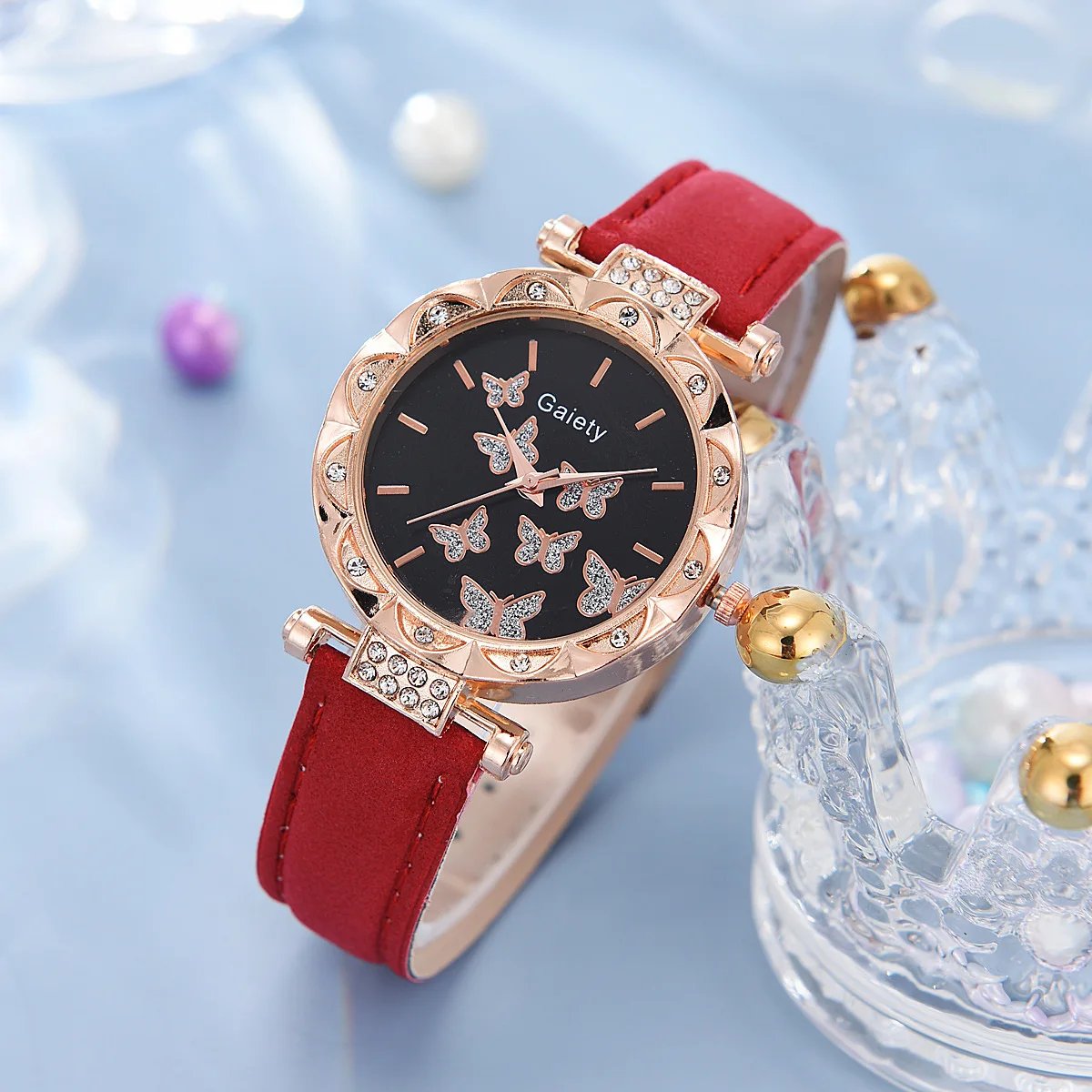 Women Watch Ring Necklace Earrings Bracelet Set Watches Butterfly Leather Strap Ladies Quartz WristWatch (No Box)