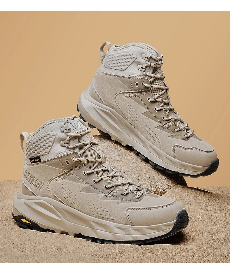 O.Z.TESHI Cow Leather Hiking boots Men waterproof hunting shoes Tactical Desert Combat Ankle Boots Male casual mountian Sneakers