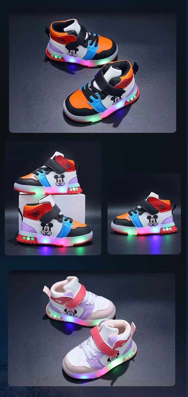 Disney Children's Sneaker Cute Minnie Mickey Cartoon Led Lighted Shoes for Kids Boys Girls Luminous Shoes Toddler Flash Lights