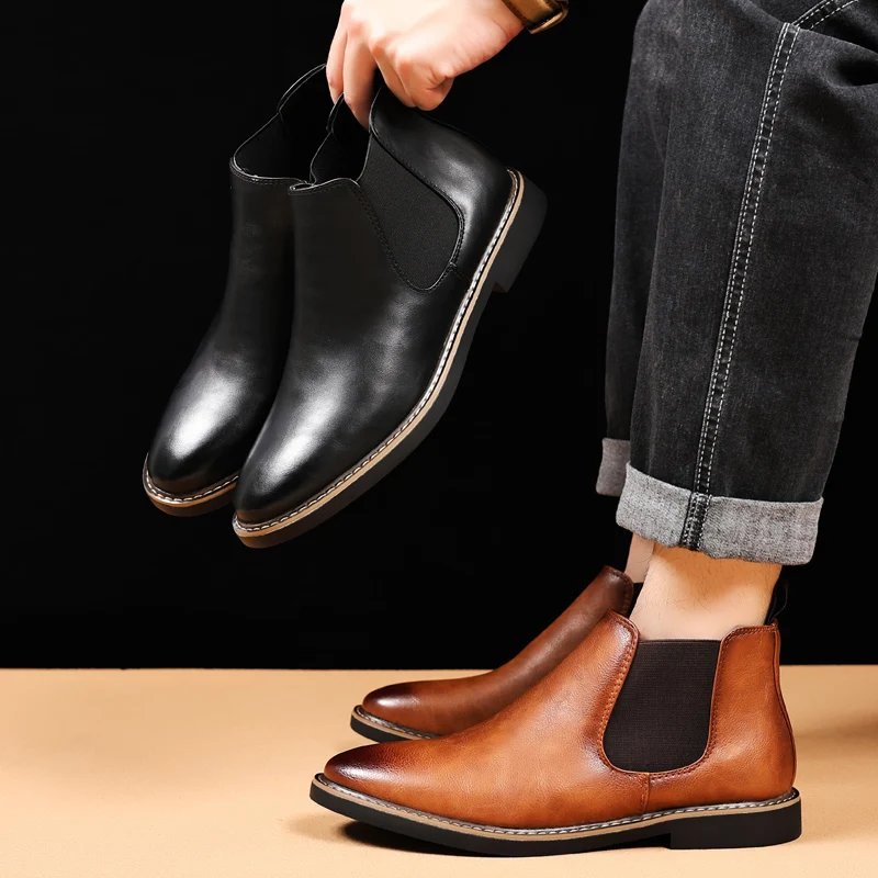 YRZL 39~47 Men Chelsea Boots Brand Retro Comfortable PU Leather Ankle Boots Men 2025 Fashion Black Brown Mens Boots YRZL 39~47 Men Chelsea Boots Brand Retro Comfortable PU Leather Ankle Boots Men 2025 Fashion Black Brown Mens Boots