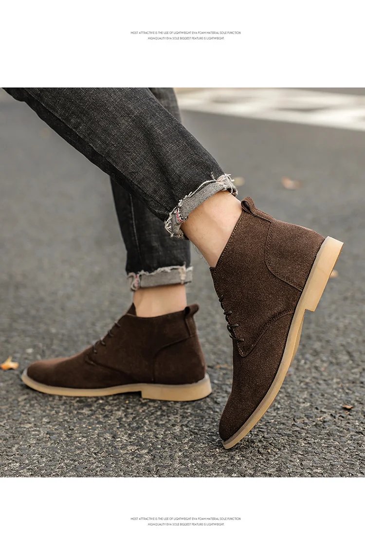British Style Brown Men&rsquo;s Suede Leather Boots Comfort Chelsea Boots Men Lace-Up Pointed Ankle Boots For Men botas para hombre