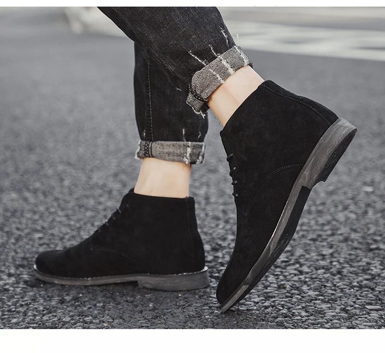 British Style Brown Men&rsquo;s Suede Leather Boots Comfort Chelsea Boots Men Lace-Up Pointed Ankle Boots For Men botas para hombre