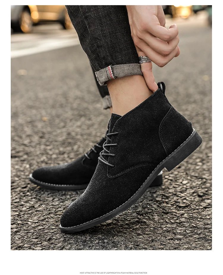 British Style Brown Men&rsquo;s Suede Leather Boots Comfort Chelsea Boots Men Lace-Up Pointed Ankle Boots For Men botas para hombre
