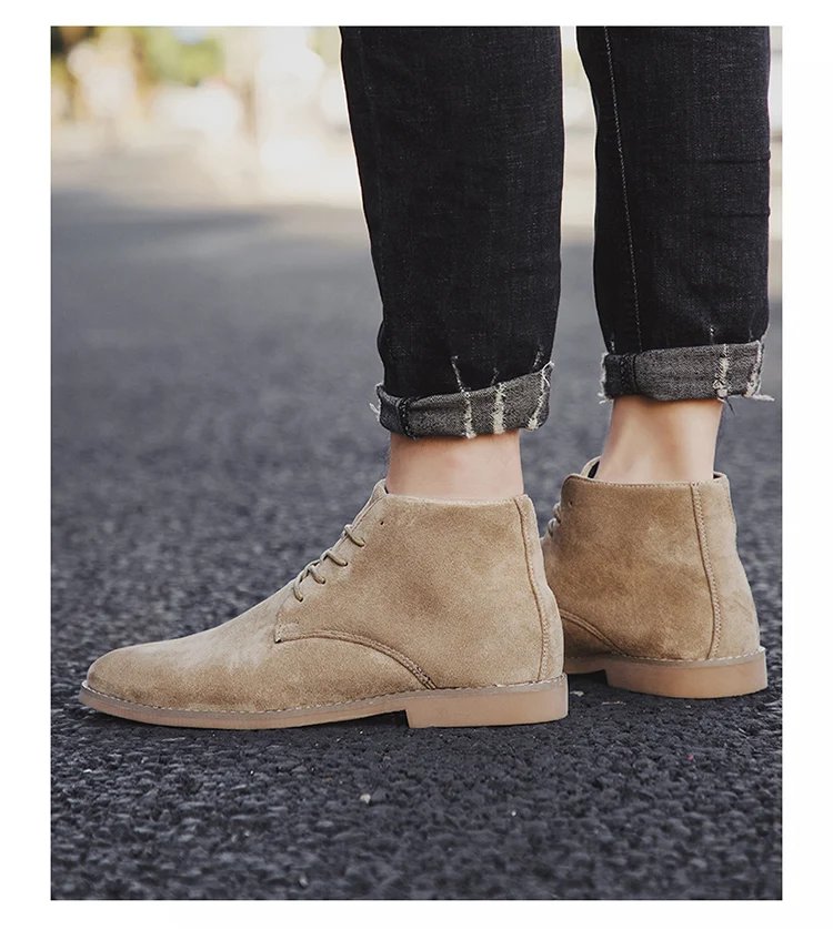 British Style Brown Men&rsquo;s Suede Leather Boots Comfort Chelsea Boots Men Lace-Up Pointed Ankle Boots For Men botas para hombre