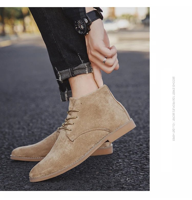British Style Brown Men&rsquo;s Suede Leather Boots Comfort Chelsea Boots Men Lace-Up Pointed Ankle Boots For Men botas para hombre