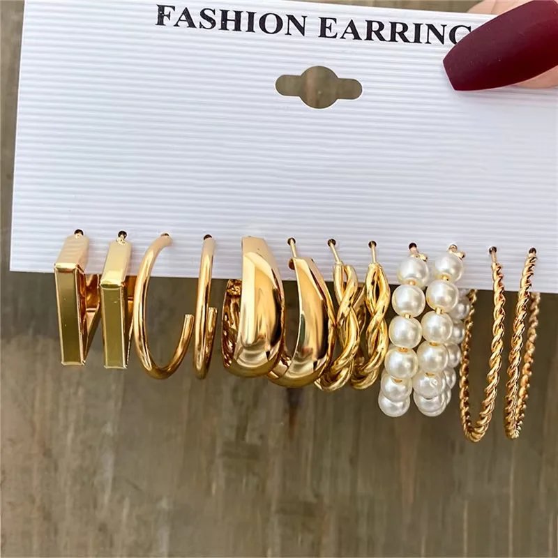 Fashion Geometric Hoop Earrings Set for Women Vintage Bohemian Pearl Gold Color Round Earring Punk Daily Wear Jewelry Gifts 2025