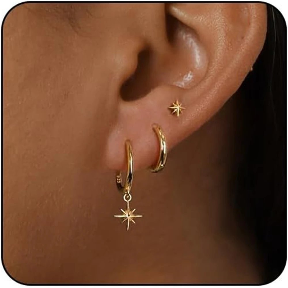 3 Piece Fashion Stainless Steel Round Star Drop Earrings Set for Women 18K Golden Plated Dangle Earring Punk Unisex Rock Jewelry