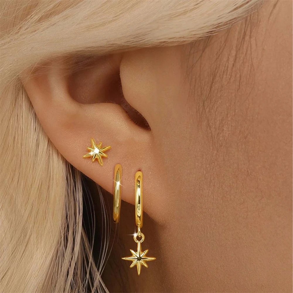 3 Piece Fashion Stainless Steel Round Star Drop Earrings Set for Women 18K Golden Plated Dangle Earring Punk Unisex Rock Jewelry