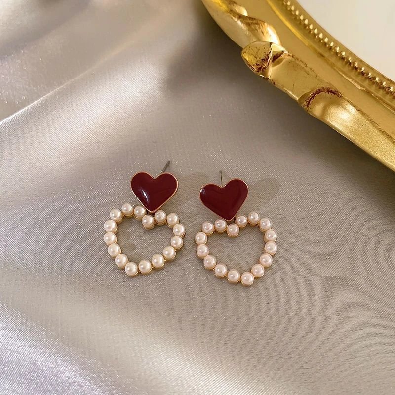 Vintage Dripping Oil Wine Red Retro Stud Earrings For Women Korean Pearl Flower Heart Shape Geometric Earring High Sense Jewelry Vintage Dripping Oil Wine Red Retro Stud Earrings For Women Korean Pearl Flower Heart Shape Geometric Earring High Sense Jewelry