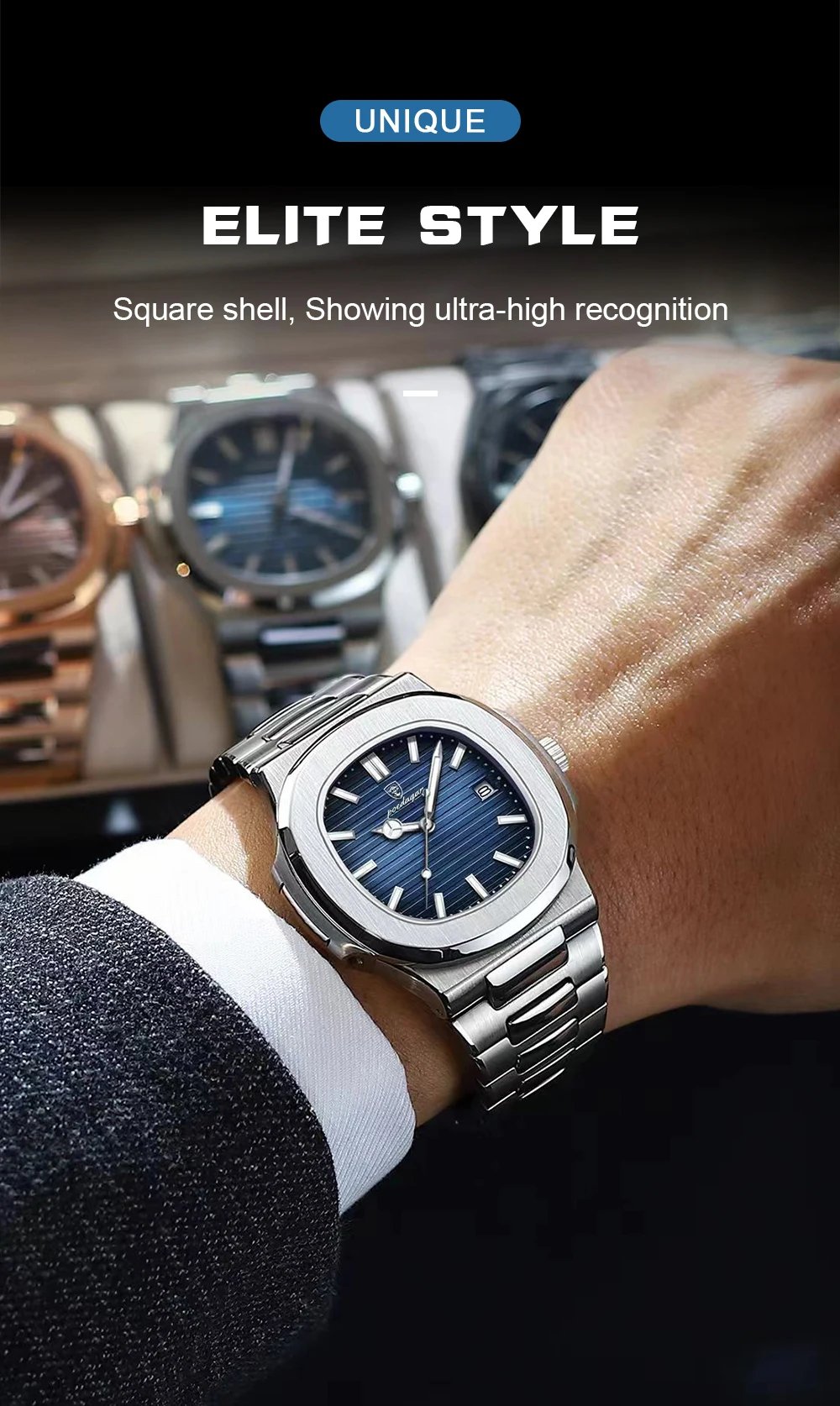 POEDAGAR Square Luxury Men Wristwatch Waterproof Luminous Date Stainless Steel Male Clock Business Sports Quartz Watches For Men