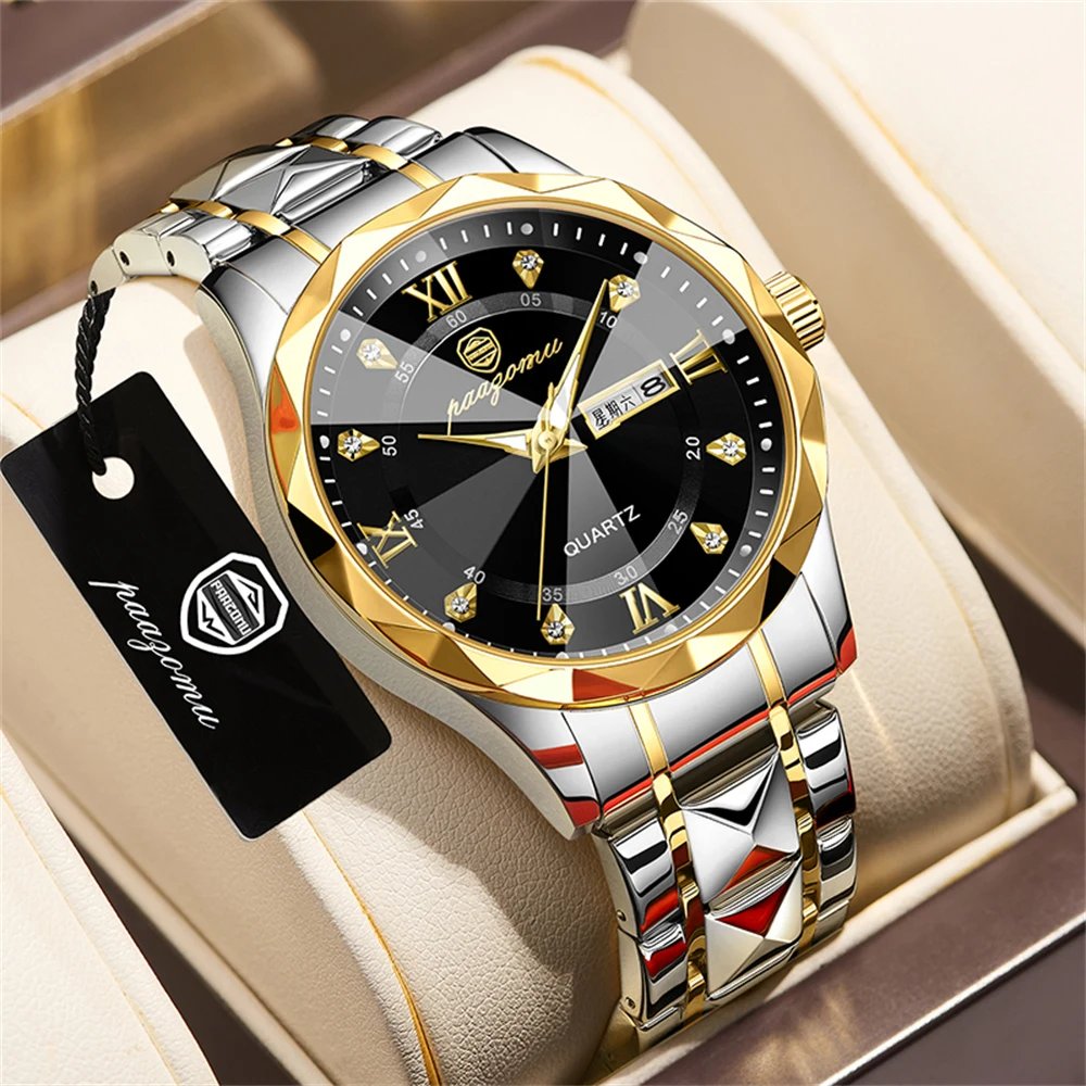POEDAGAR Top Brand Luxury Man Wristwatch Waterproof Luminous Date Week Men Watches Stainless Steel Quartz Men's Watch Male reloj