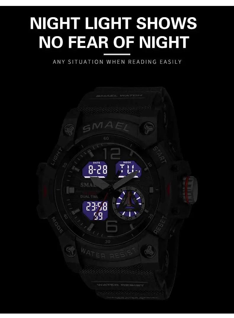 SMAEL Sport Watch Military Wristwatch for Men Alarm Stopwatch LED Digital Back Light Dual Time Display Waterproof Watch Men 8007