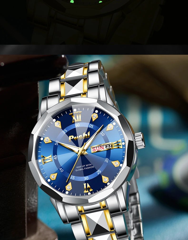 POSHI Men's Watch Date Week Fashion Watch Men Original Waterproof Non-mechanical Luminous Dual Calendar Quartz Wristwatch