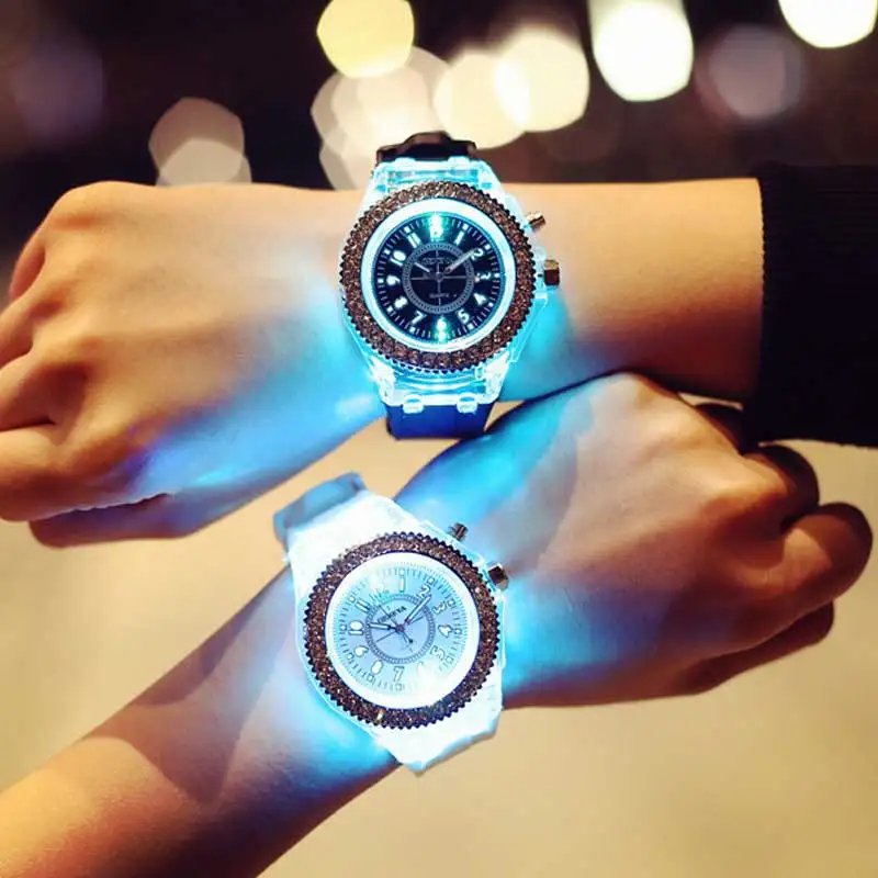 LED Light Flash Luminous Watches Women Men Boys Girls Silicone Wrist Watch Fashion Rhinestone Clock Kids Children Relogio Saati