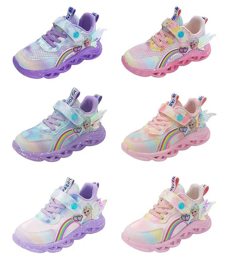 Disney Girls' Casual Shoes Led Lights Mesh Breathable Children's Sports  Princess Elsa Pink Purple Shoes Sneakers Size 22-35