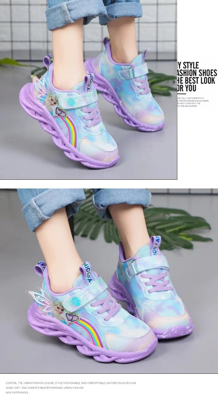 Disney Girls' Casual Shoes Led Lights Mesh Breathable Children's Sports  Princess Elsa Pink Purple Shoes Sneakers Size 22-35