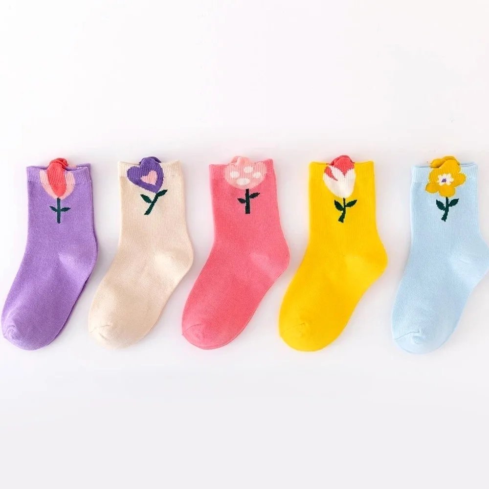 5 Pairs Girls Socks Cute Cartoon Flower Pattern Comfortable Breathable Kids Socks