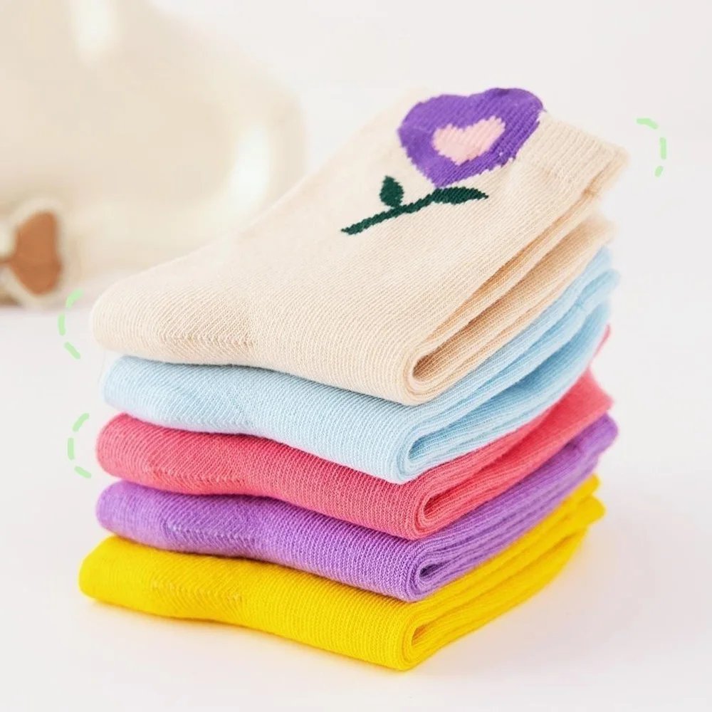 5 Pairs Girls Socks Cute Cartoon Flower Pattern Comfortable Breathable Kids Socks