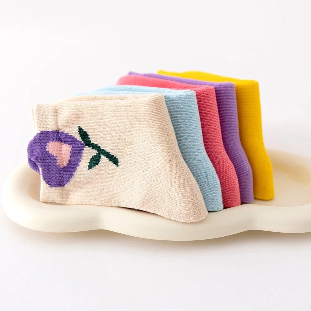 5 Pairs Girls Socks Cute Cartoon Flower Pattern Comfortable Breathable Kids Socks