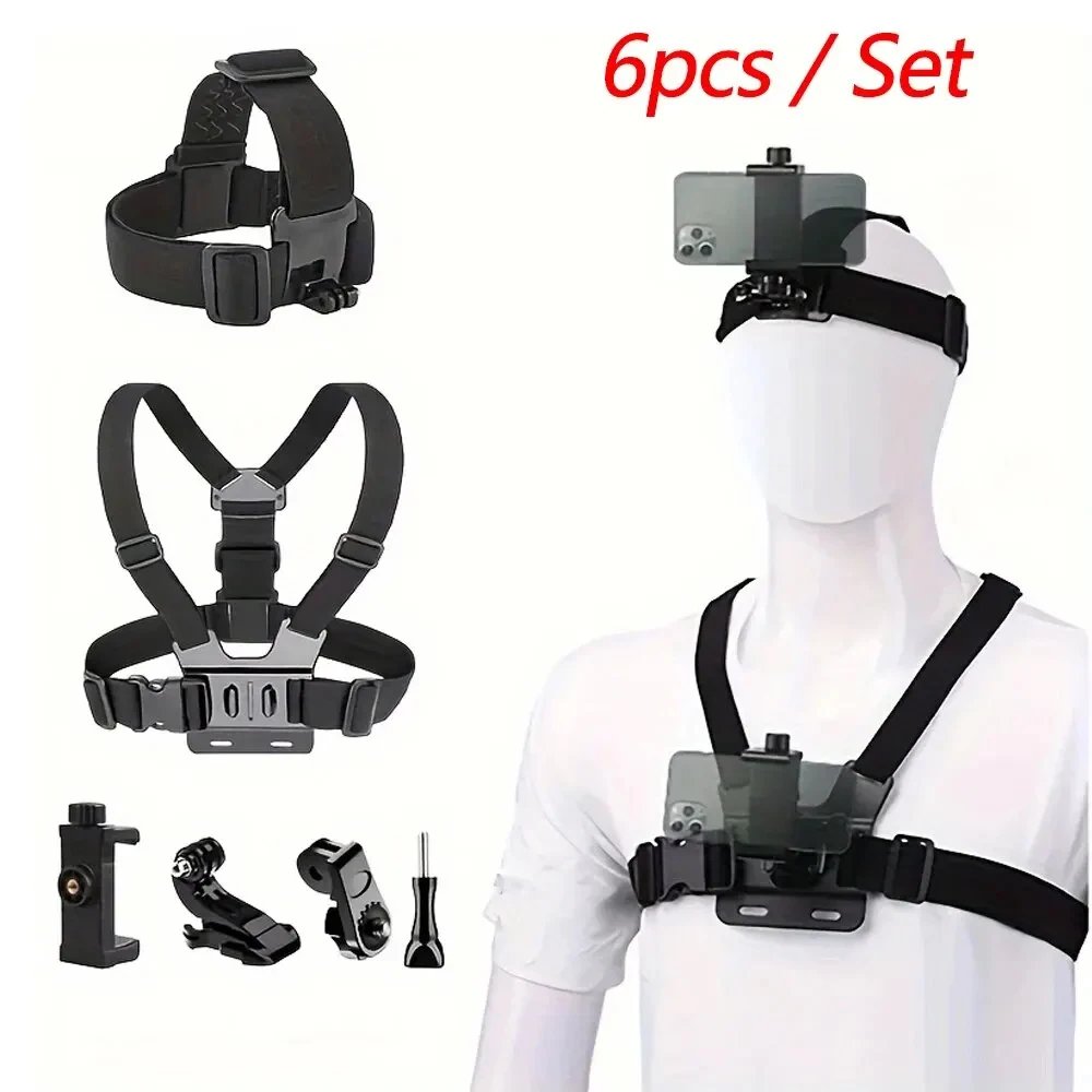 All-in-One 6pcs Action Camera Kit Head Strap Chest Strap Mount Adjustable for GoPro Phone Osmo Enhanced Stability Versatility All-in-One 6pcs Action Camera Kit Head Strap Chest Strap Mount Adjustable for GoPro Phone Osmo Enhanced Stability Versatility