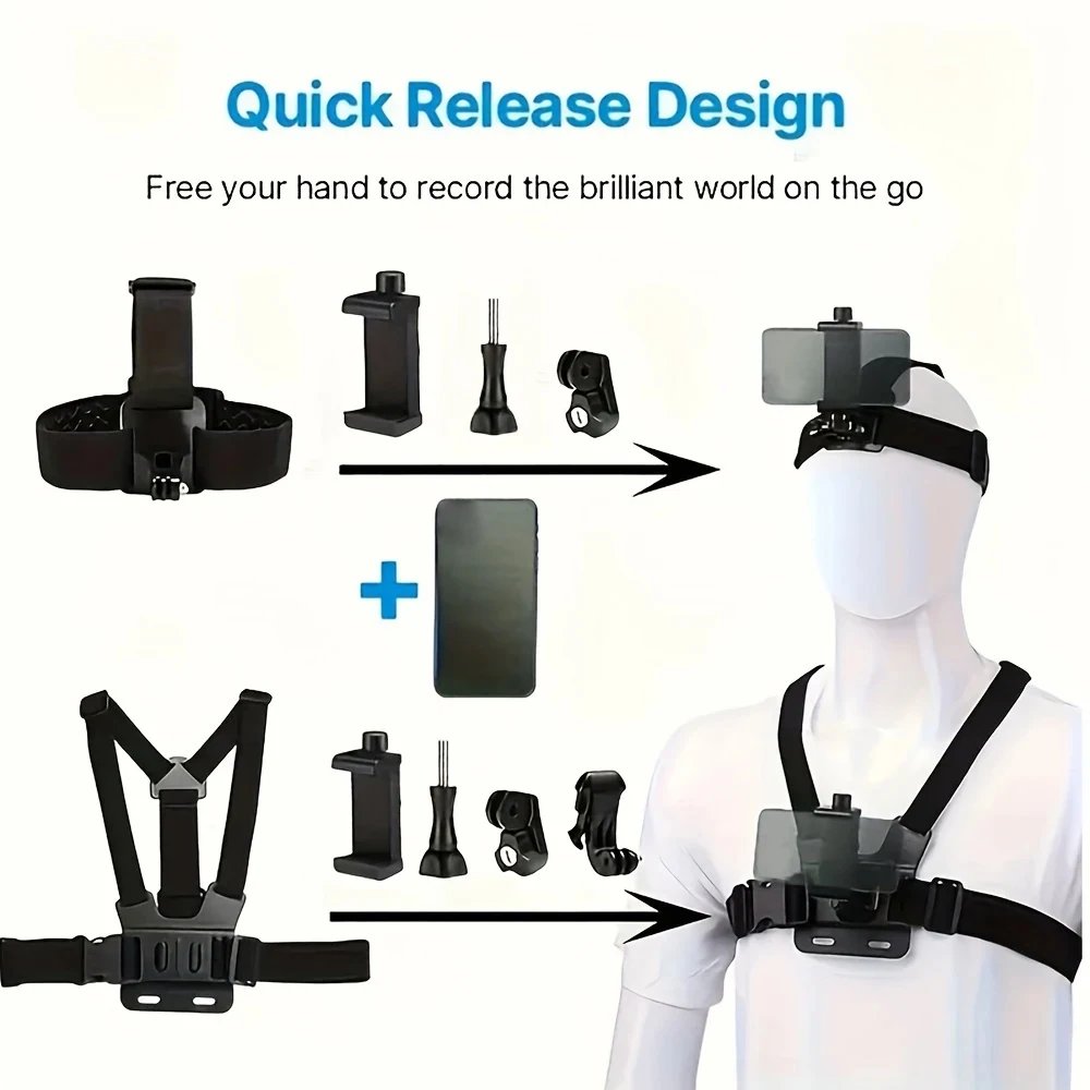 All-in-One 6pcs Action Camera Kit Head Strap Chest Strap Mount Adjustable for GoPro Phone Osmo Enhanced Stability Versatility All-in-One 6pcs Action Camera Kit Head Strap Chest Strap Mount Adjustable for GoPro Phone Osmo Enhanced Stability Versatility
