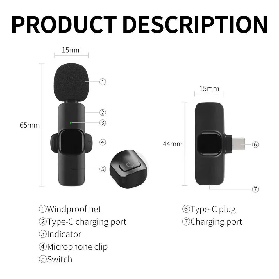 K9 Bluetooth wireless microphone portable, audio, video, static, suitable for iPhone outdoor live streaming gaming phone Type-c