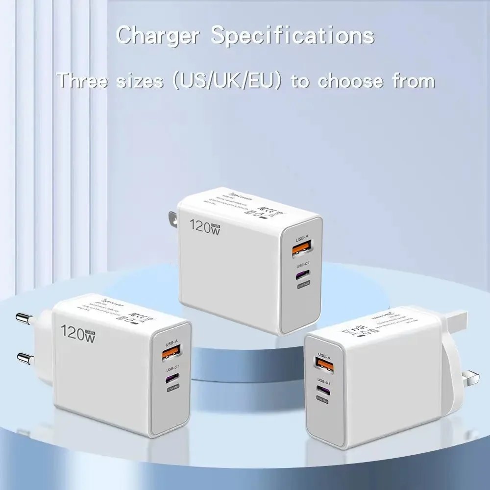 120W USB Fast Charger With Type C Cable Fast Charging Adapter For iPhone 16 Samsung Xiaomi Huawei PD Cell Phones Quick Charger