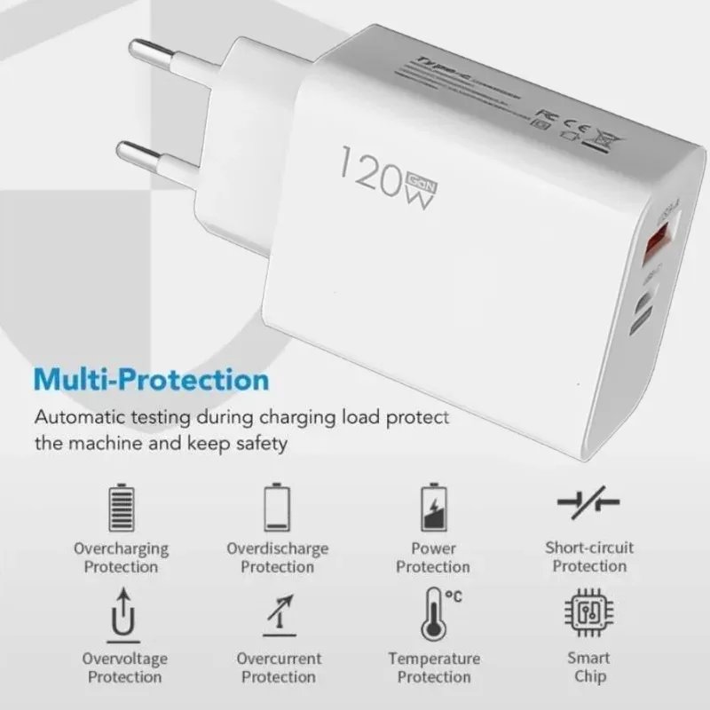 120W USB Fast Charger With Type C Cable Fast Charging Adapter For iPhone 16 Samsung Xiaomi Huawei PD Cell Phones Quick Charger