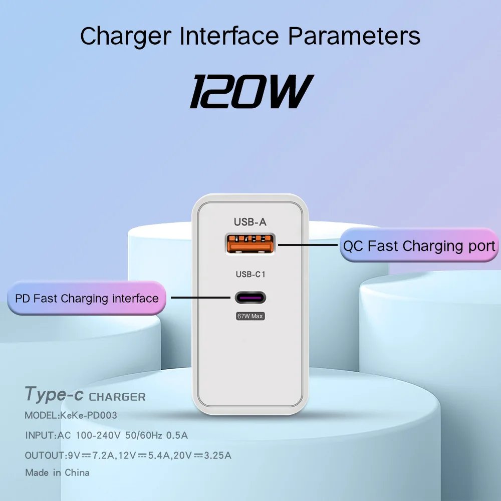120W USB Fast Charger With Type C Cable Fast Charging Adapter For iPhone 16 Samsung Xiaomi Huawei PD Cell Phones Quick Charger