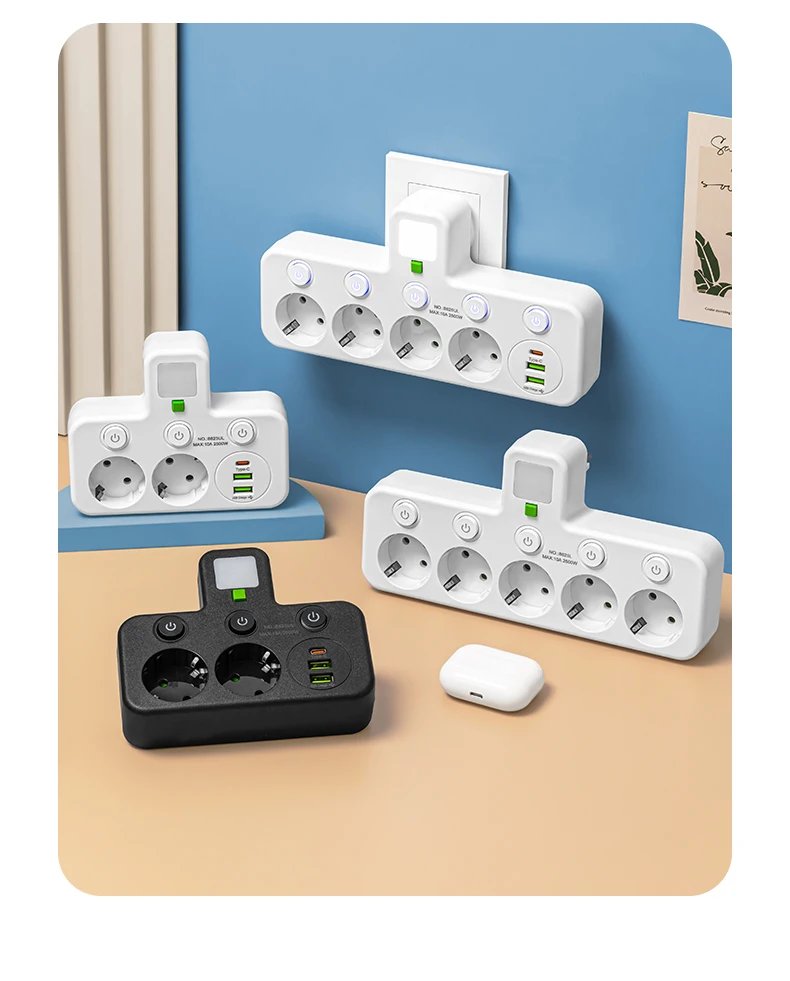 EU Plug Outlet 5 Sockets   Electrical Socket No Extension Cord With or without it  USB  Type-C Ports Two specifications