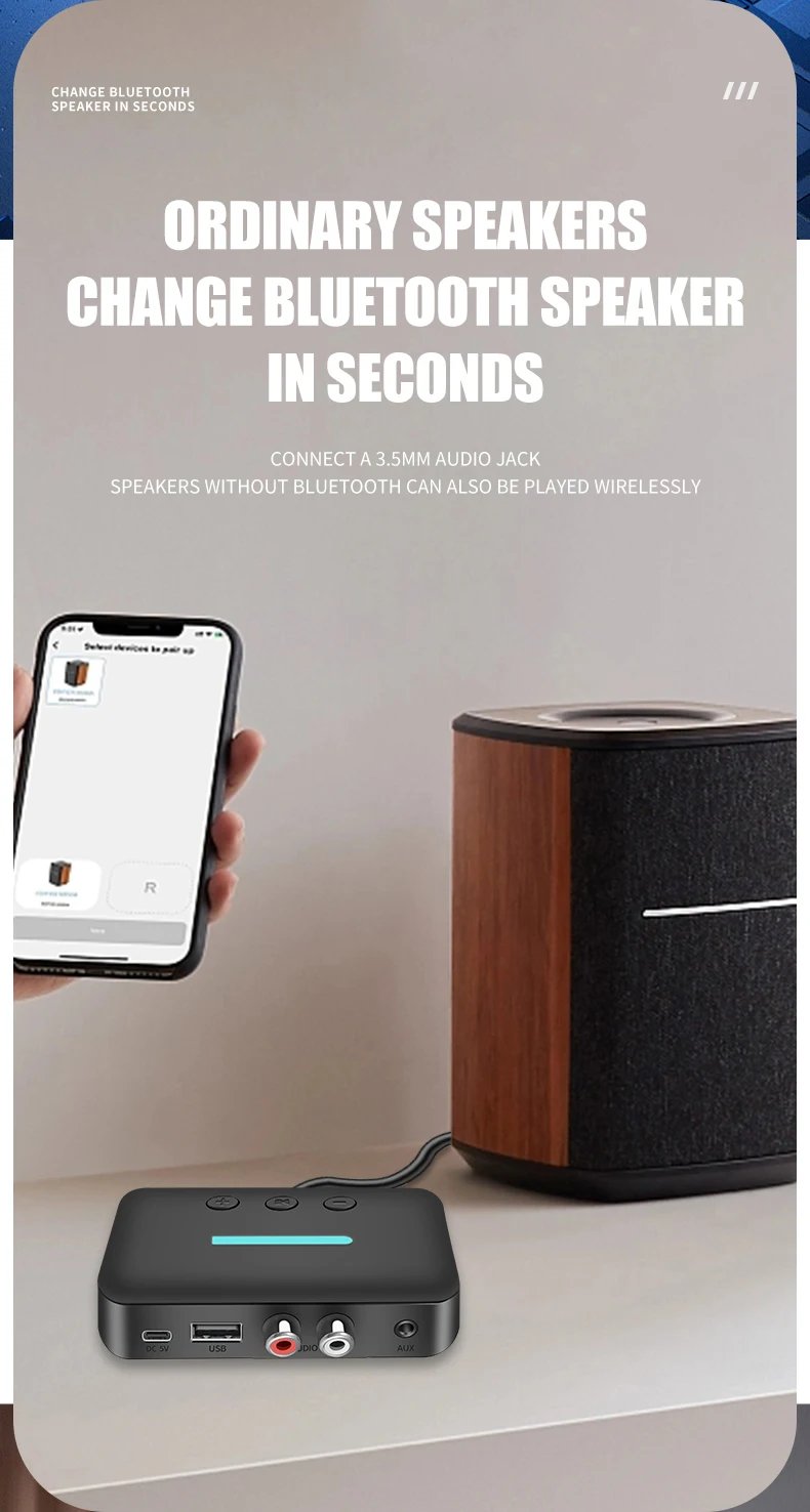 USB Bluetooth 5.3 Audio Receiver Adapter Wireless Stereo Music 3.5mm AUX R/L RCA Support U-Disk Playback For Desktop Speaker Amp