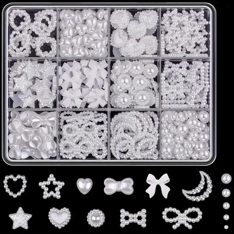 500PCS 3D Nail Art Decoration Kit with Resin Bows, Flat Back Pearls, and Assorted Shapes &ndash; Unscented DIY Craft Embellishments
