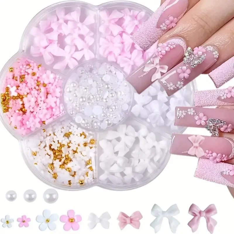 500PCS 3D Nail Art Decoration Kit with Resin Bows, Flat Back Pearls, and Assorted Shapes &ndash; Unscented DIY Craft Embellishments