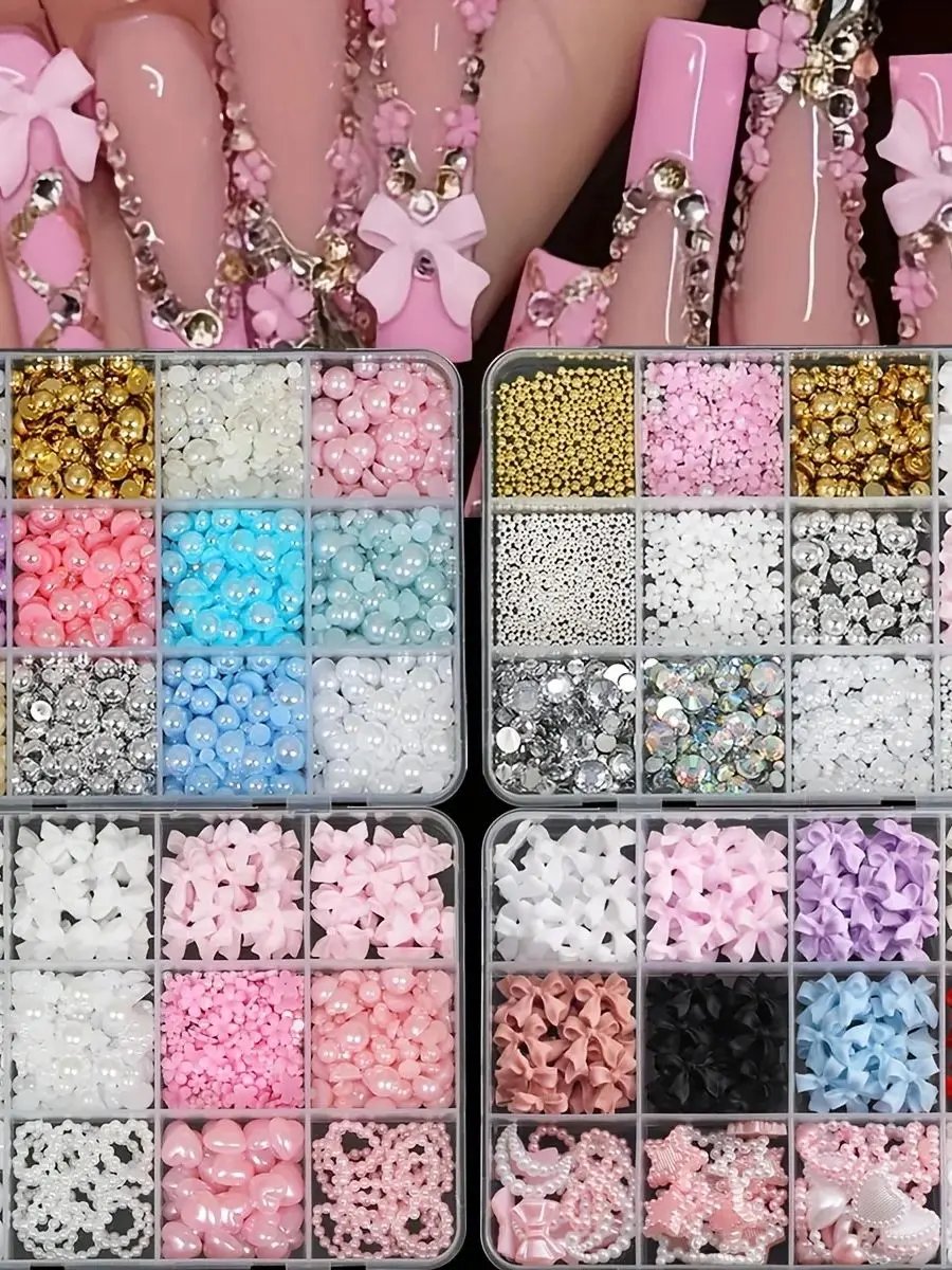 500PCS 3D Nail Art Decoration Kit with Resin Bows, Flat Back Pearls, and Assorted Shapes &ndash; Unscented DIY Craft Embellishments