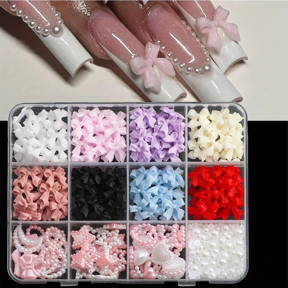 500PCS 3D Nail Art Decoration Kit with Resin Bows, Flat Back Pearls, and Assorted Shapes &ndash; Unscented DIY Craft Embellishments