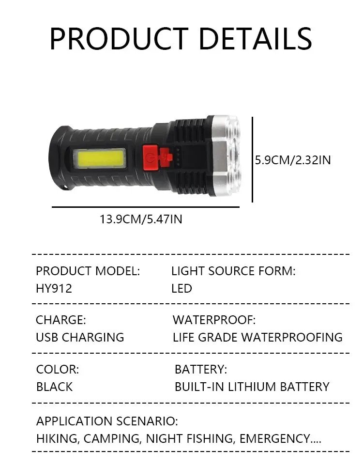 5LED High Power Led Flashlights Rechargeable Camping Spotlight with Side Light 3 Lighting Modes for Camping Adventure Outdoor