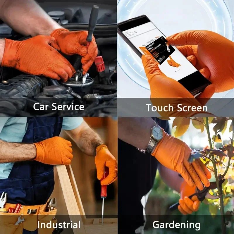 Heavy Duty Orange Nitrile Gloves 8Mil Industrial Disposable Gloves with Diamond Textured Grip for Mechanic Safety & Work Gloves Heavy Duty Orange Nitrile Gloves 8Mil Industrial Disposable Gloves with Diamond Textured Grip for Mechanic Safety & Work Gloves