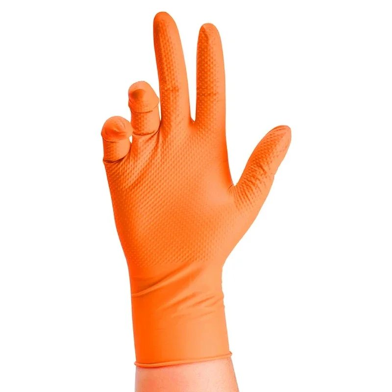 Heavy Duty Orange Nitrile Gloves 8Mil Industrial Disposable Gloves with Diamond Textured Grip for Mechanic Safety & Work Gloves Heavy Duty Orange Nitrile Gloves 8Mil Industrial Disposable Gloves with Diamond Textured Grip for Mechanic Safety & Work Gloves
