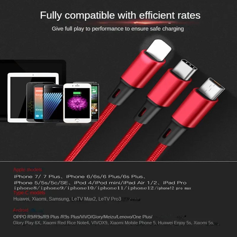 One Drag Three Data Cable for Apple Android Typec 3-in-1 Fast Charge 1.2m Nylon Braid Convenient and Fast Data Transmission One Drag Three Data Cable for Apple Android Typec 3-in-1 Fast Charge 1.2m Nylon Braid Convenient and Fast Data Transmission