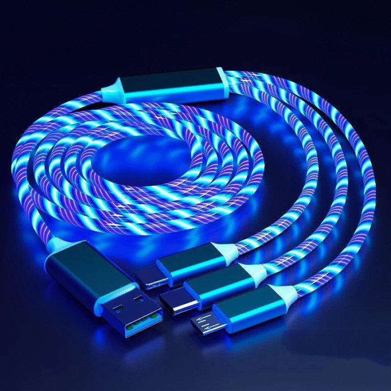 Glowing LED 3 IN 1 Cable For Samsung Xiaomi iPhone Flowing Streamer Light Fast Charger USB C Cord Luminous Type C Cable