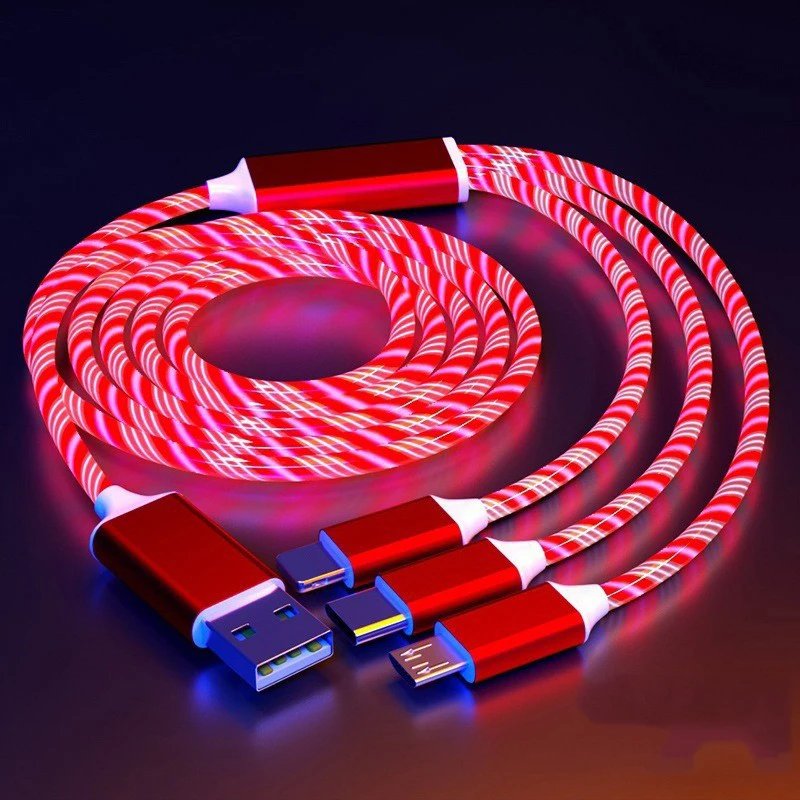 Glowing LED 3 IN 1 Cable For Samsung Xiaomi iPhone Flowing Streamer Light Fast Charger USB C Cord Luminous Type C Cable