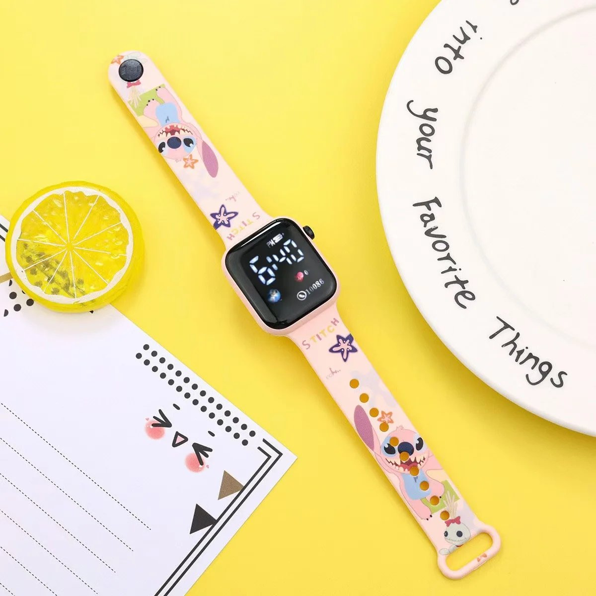 Disney's new Stitch cartoon color printed student LED electronic watch fashionable printed square Y1 button electronic watch