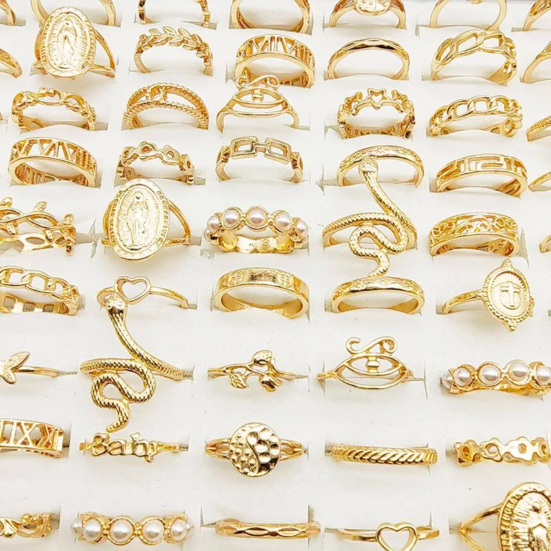 30pc/Lot Gold Color Finger Rings For Girls New Love Snake Animal Butterfly Cutout Star Pearl Thin Joint Ring Party Jewelry Women