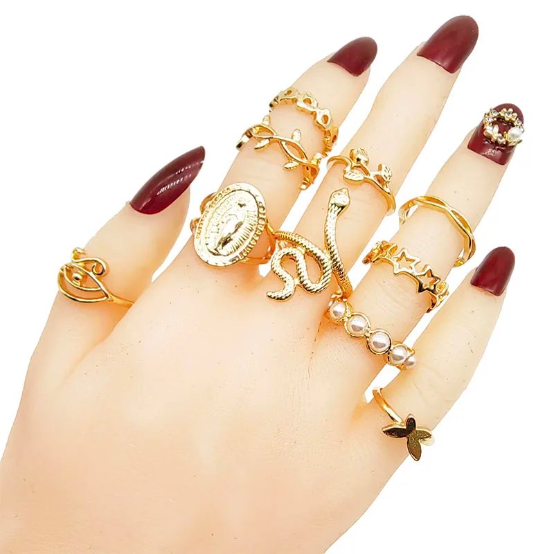 30pc/Lot Gold Color Finger Rings For Girls New Love Snake Animal Butterfly Cutout Star Pearl Thin Joint Ring Party Jewelry Women