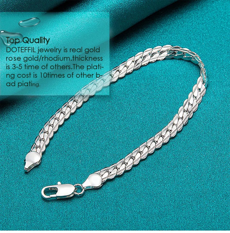 DOTEFFIL 925 Silver Bracelet 6mm 18/19/20cm Flat Side Chain Lobster Clasp For Woman Man Wedding Engagement Jewelry