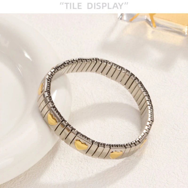Loe| Titanium Steel Elastic Bracelet for Women.Heart Shape.1Pcs.Gold Plated Punk Jewelry.Hip Hop. New Design
